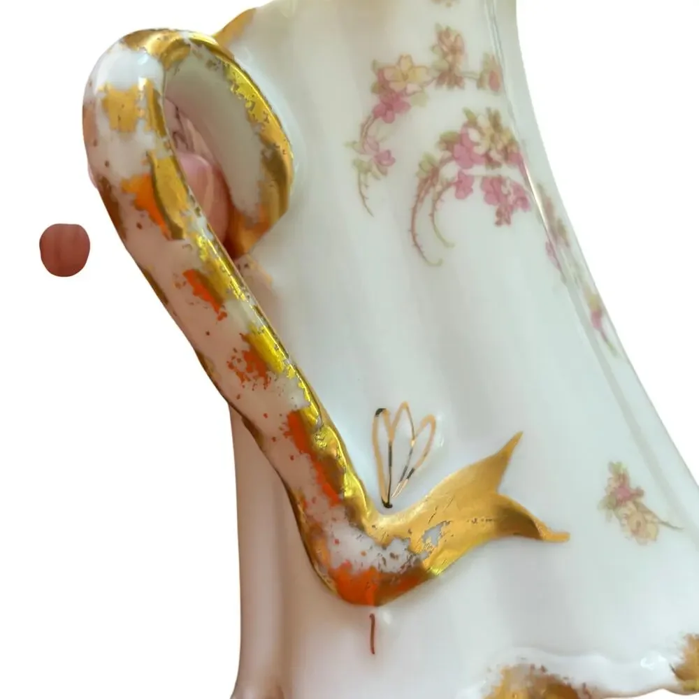 Haviland Limoges France creamer pitcher pink floral gold trim scalloped rim